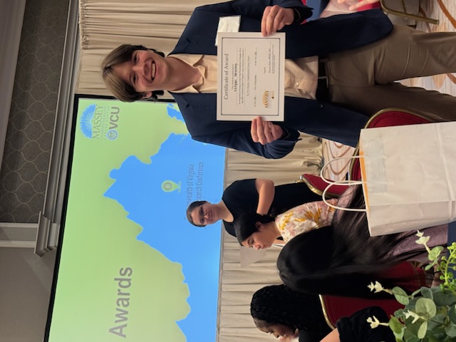 Keegan Sweeney, a W&M biology master's student, won the Top Presentation Award for his session titled, "The SUMO Balancing Act: Insights into Cellular Robustness from Yeast to Cancer," at the Commonwealth of Virginia Cancer Research Conference.
