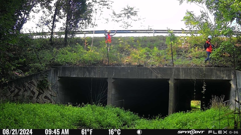 Sofia Politte '26 and Cayley Santella '25 captured by their trail camera at a culvert while navigating terrain to reach the camera site. PHOTO: Courtesy of Sofia Politte