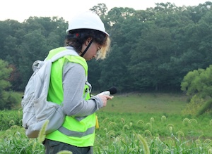 Percy Zimering '26 uses a sound meter to record acoustic data as part of a project with IIC partner Virgina Department of Wildlife Resources to research how traffic noise may influence wildlife-vehicle collisions. Image: Rebecca Fuchs