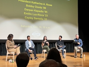 Cayley Santella '25 (center) and Emilio Luz-Ricca '23 (center right) participate in the Presidential Conversation at Homecoming 2025. Image: Robert Rose