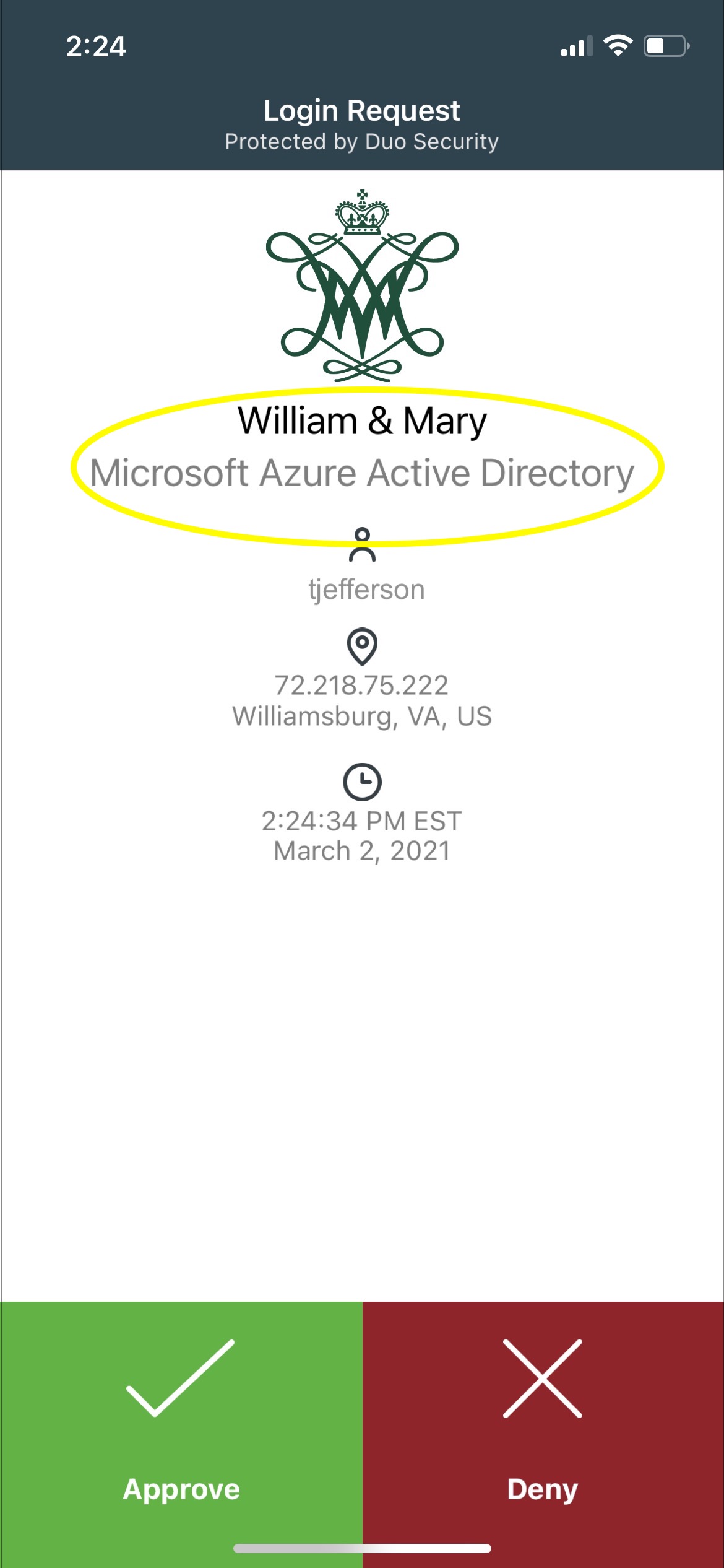 The Duo push comes from "Microsoft Azure Active Directory"