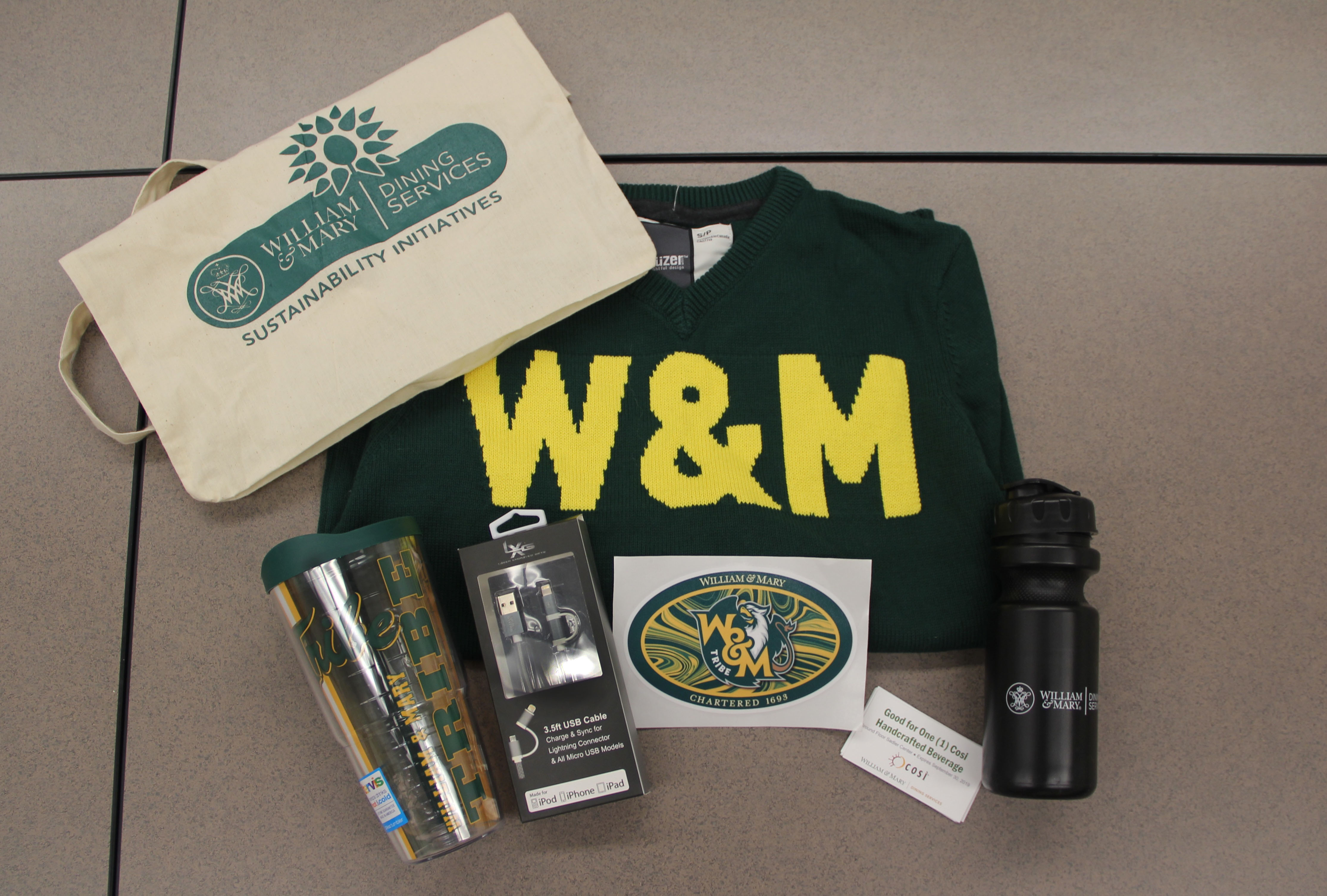 Prizes for early enrollment in Duo are pictured above.  They include W&amp;M apparel, cups, a tote bag, USB charging cord, a decal, and drink coupons.