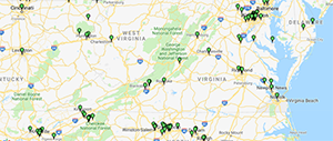 Map of nearby universities equipped with eduroam, such as the University of Virginia and Virginia Commonwealth University. (Credit eduroam.us)