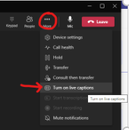The option to turn on captions is located under the three dot icon in the right hand corner of the window.