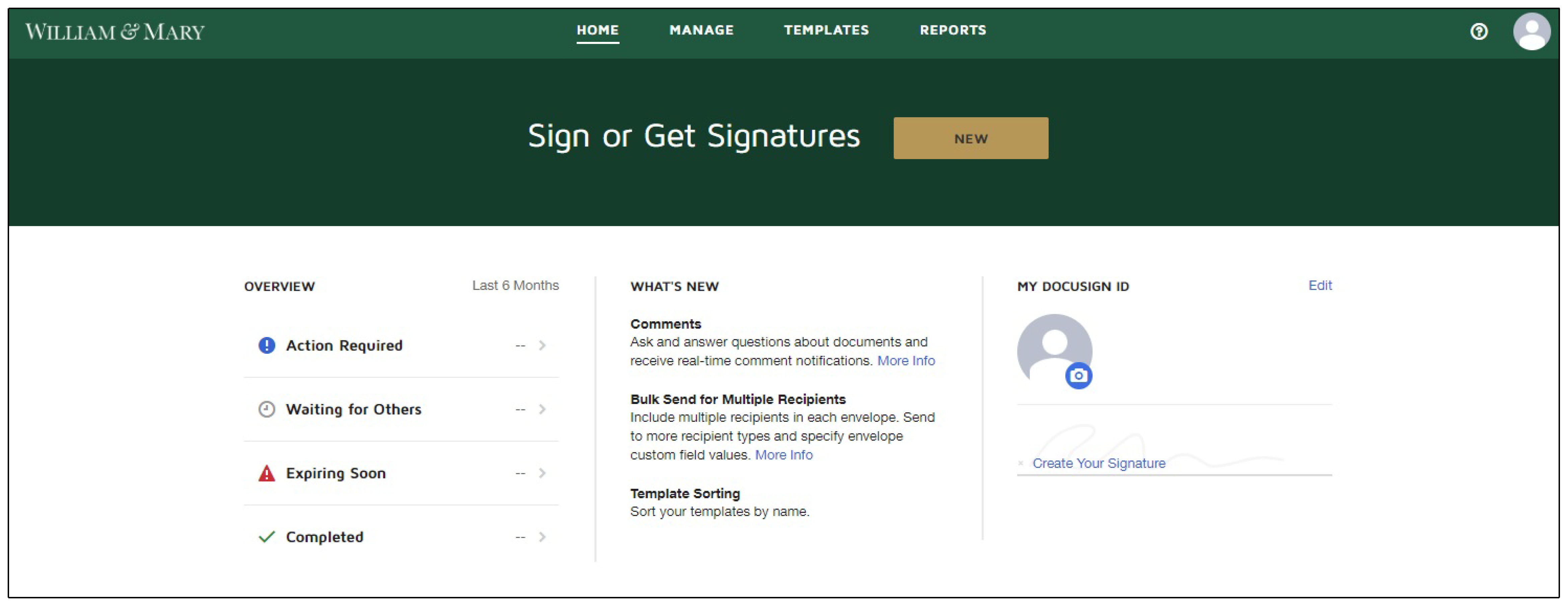 Screenshot of the W&amp;M DocuSign home page, with options to see what signatures are needed, make your own signature, and see what's new on DocuSign
