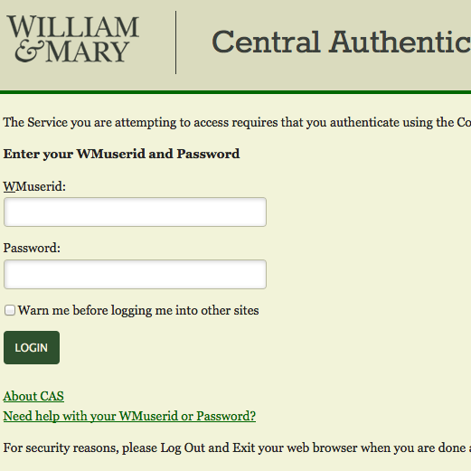 The CAS login page for William & Mary.