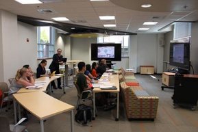 The Cox Classroom is one of three Zoom Rooms in Swem Library. With a seating capacity of 20 people, it is used for meetings, training sessions, and faculty teaching.