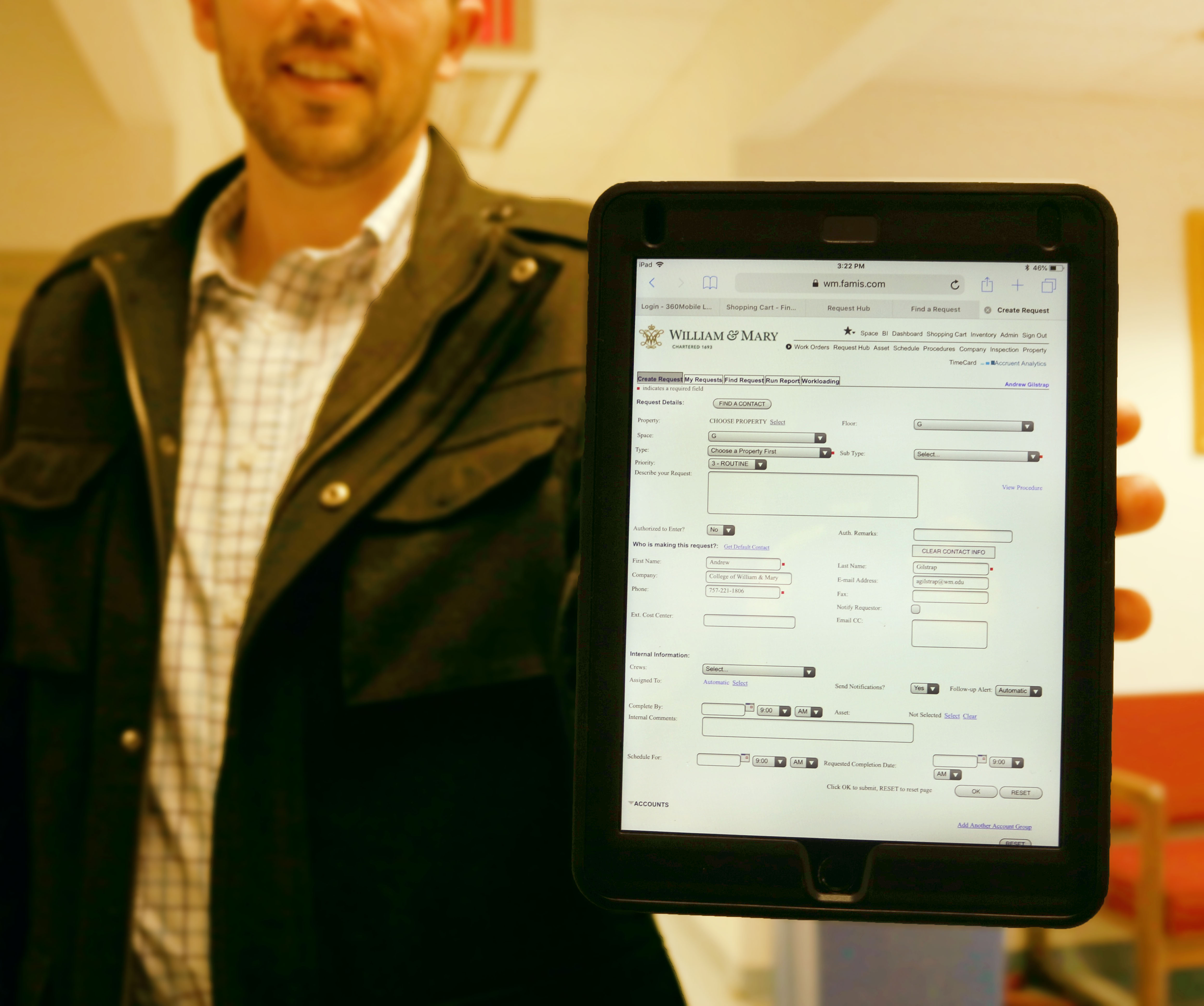 Once Jamf was installed onto the iPads, Facilities Management was ready to start filing work orders remotely. Pictured is Facilities Management's Associate Director for Building Services Andrew Gilstrap showing the home screen for work order processing.