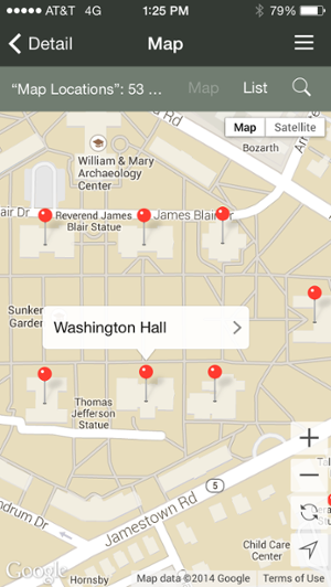 The Campus Map features various ways to search W&M locations, such as this search for academic buildings.