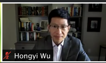 Screenshot of Dr. Hongyi Wu on zoom, receiving the Founder's Award