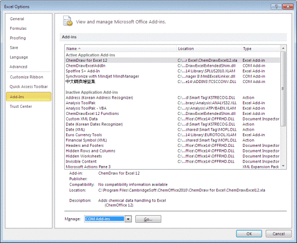 Excel Add-ins dialog, under 