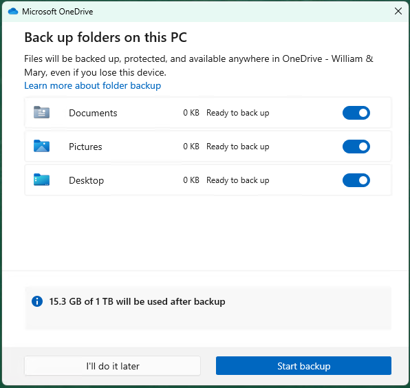 OneDrive Setup (Optional Start Backup for desktop, documents, and pictures)