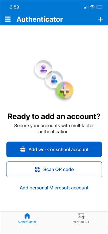 A screenshot of the Microsoft authenticator screen for adding an account. The options are to add a work or school account or scan a qr code. 