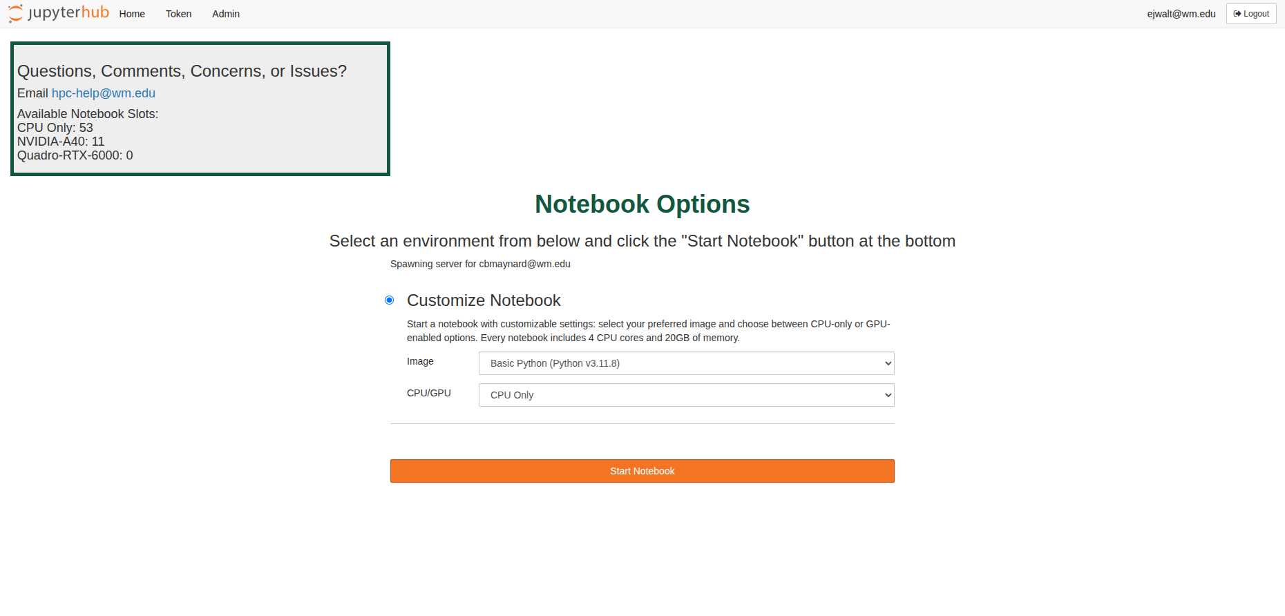 notebook spawner page