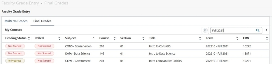 Searching for a Fall 2021 course in the Final Grades tab
