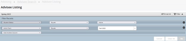 Filtering for active students with a Fall 2022 admit term in the Banner 9 Advisee Listing