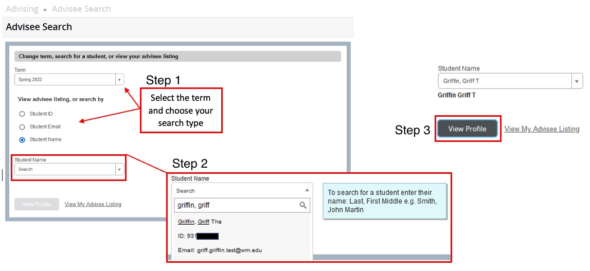 Searching and selecting your advisee in Banner 9
