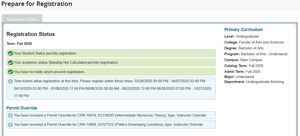 In Banner Self-Service Prepare for Registration, registration overrides display in the "Permit Override" section