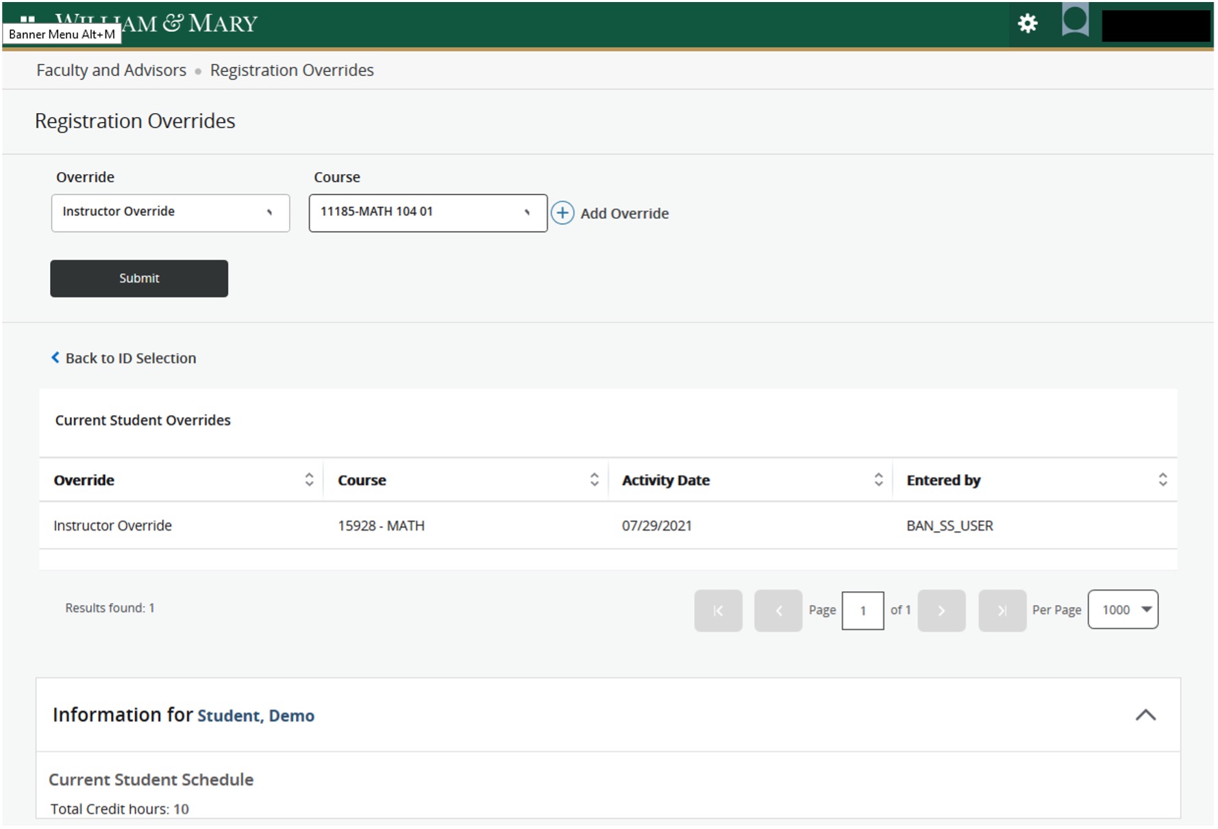 Awarding an instructor override for MATH 104 in Banner registration overrides