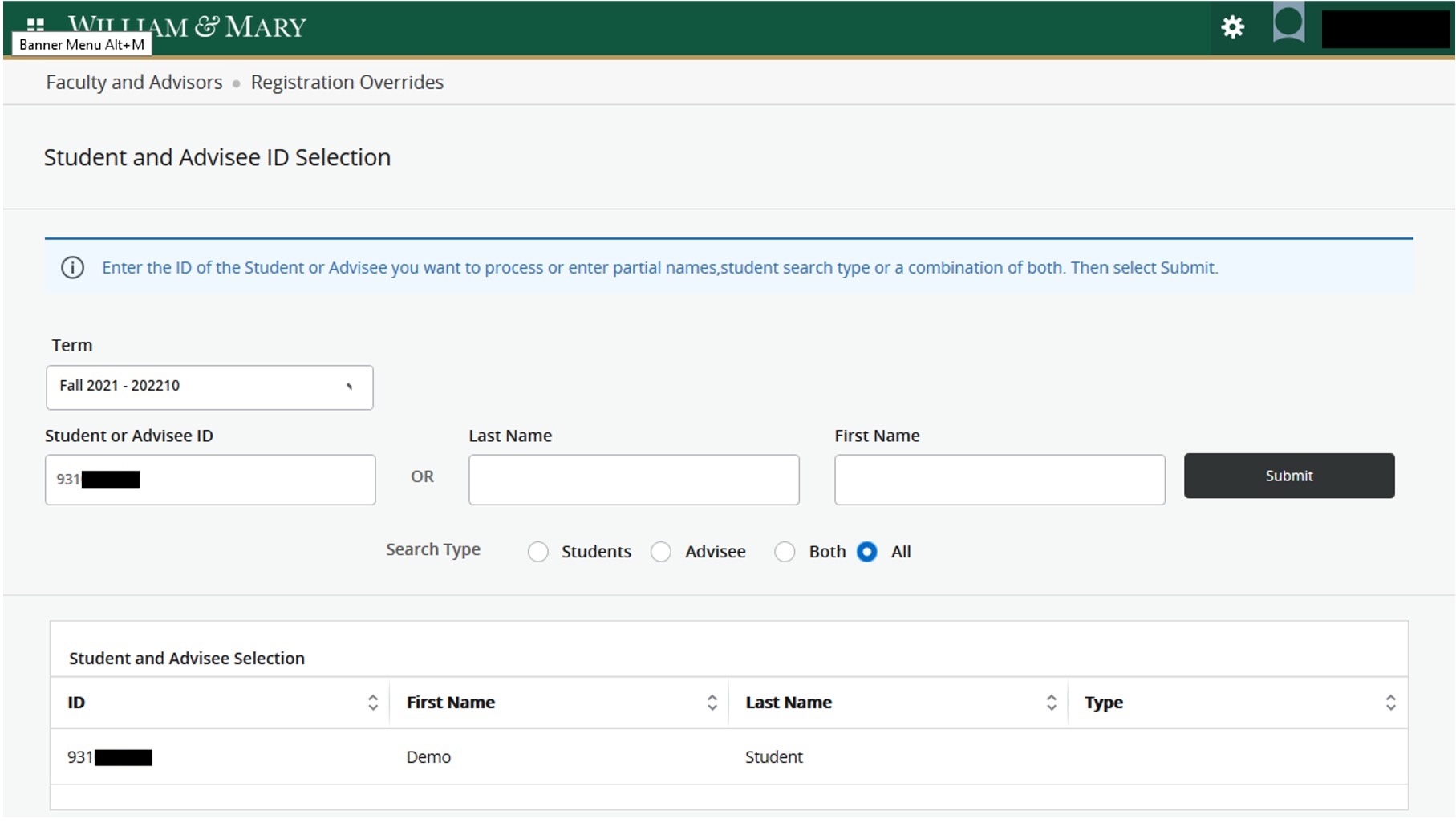 Searching for a student in Banner registration overrides