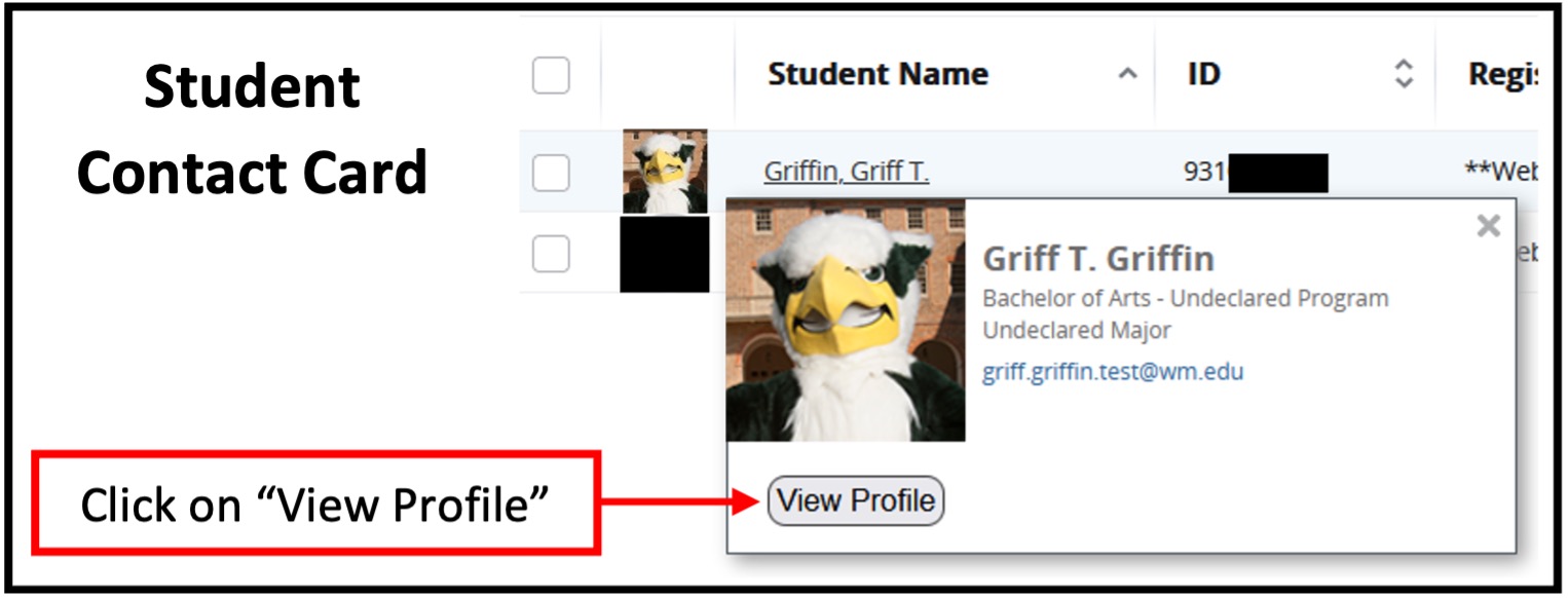 Select "View Profile" on the student contact card to access their student profile