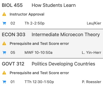 PATH Primary Cart registration errors for BIOL 455, ECON 303, and GOVT 312