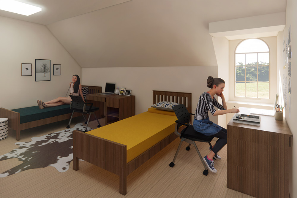 Rendering of bedroom with two beds, two desks, decor and an arched window