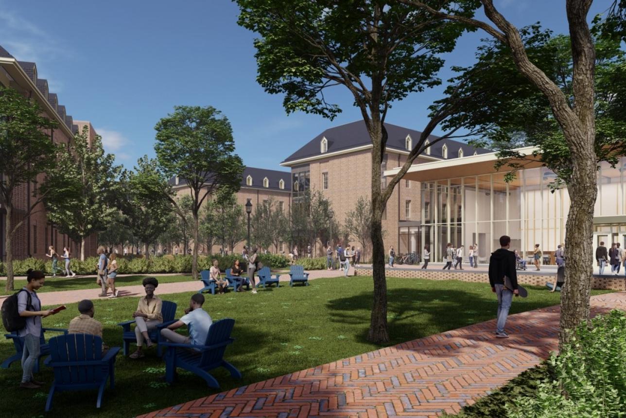 A rendering shows what the front of a new dining facility in progress could look like.