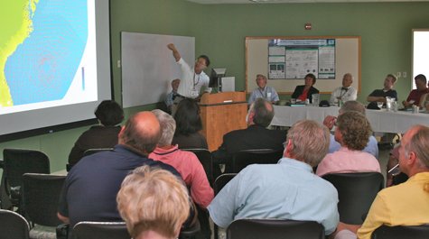 Problem Solver: Professor Harry Wang explains his storm-surge computer model to members of the Virginia House of Delegates’ Chesapeake Subcommittee. The state-of-the-art model holds great promise for predicting storm-surge flooding in the Chesapeake Bay.  Photo courtesy of VIMS