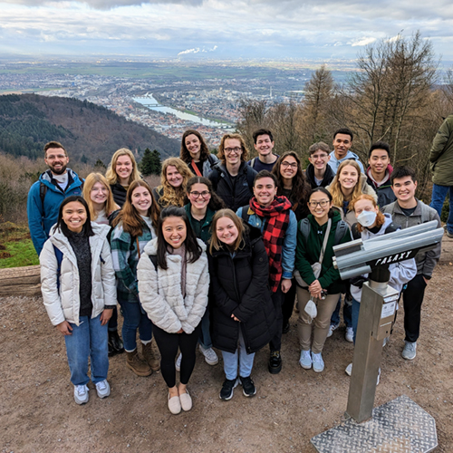 Heidelberg 2023 group at Königstuhl, the peak behind the Heidelberg Castle, overlooking the Neckar Valley. Courtesy Tyler Meldrum