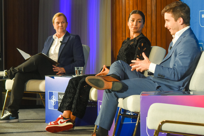 Diplomacy Through Sports: A Conversation With Leaders On & Off the Field": Moderator: Jill Ellis ’88, L.H.D. ’16, National Soccer Hall of Fame; President, San Diego Wave, National Women’s Soccer League; Nadia Nadim, Forward, Racing Louisville Football Club; William Smith ’14, Founder and Executive Director, LEAD Edu (Photo credit: Gabe Cancio-Bello)