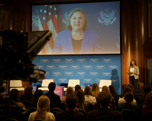 Diplomatic Approaches to Security: The Honorable Victoria Nuland, Under Secretary for Political Affairs, U.S. Department of State; Moderator: Erin Battle ’13, M.Ed. ‘15, Associate Director, Washington Center, William & Mary (Photo credit: Gabe Cancio-Bello)