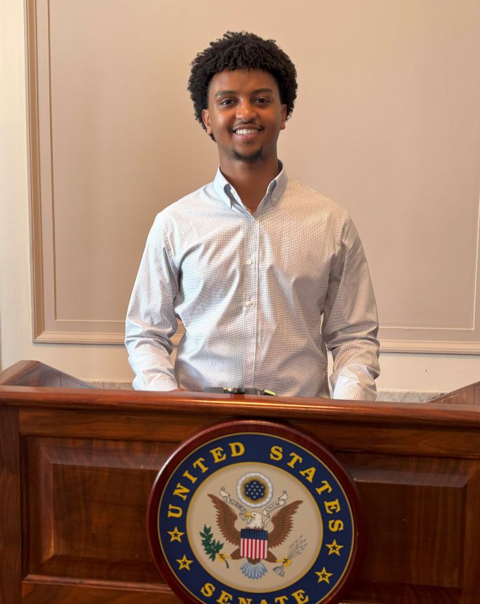 Kirubel Mulatu '26 at the NAFSA Advocacy Day reception in the Russell Senate Office Building (Photo credit: Kate Hoving)