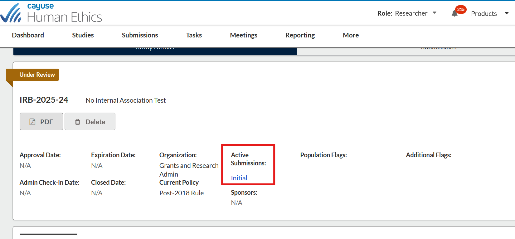 Active submissions hyperlink highlighted