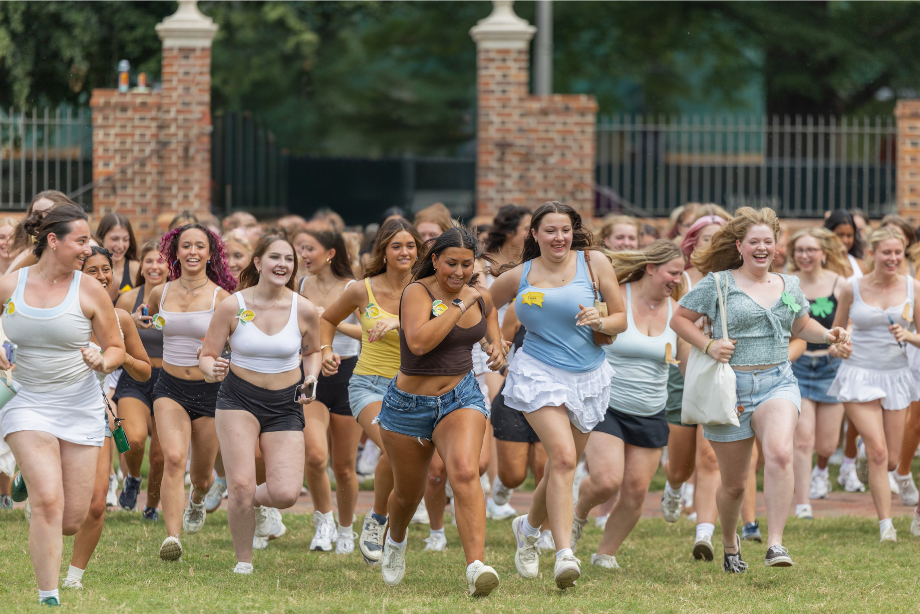 New members run to their chapters on Bid Day, marking the conclusion of primary Panhellenic recruitment at William & Mary. (Photo by Katie Warner, courtesy of University Marketing)