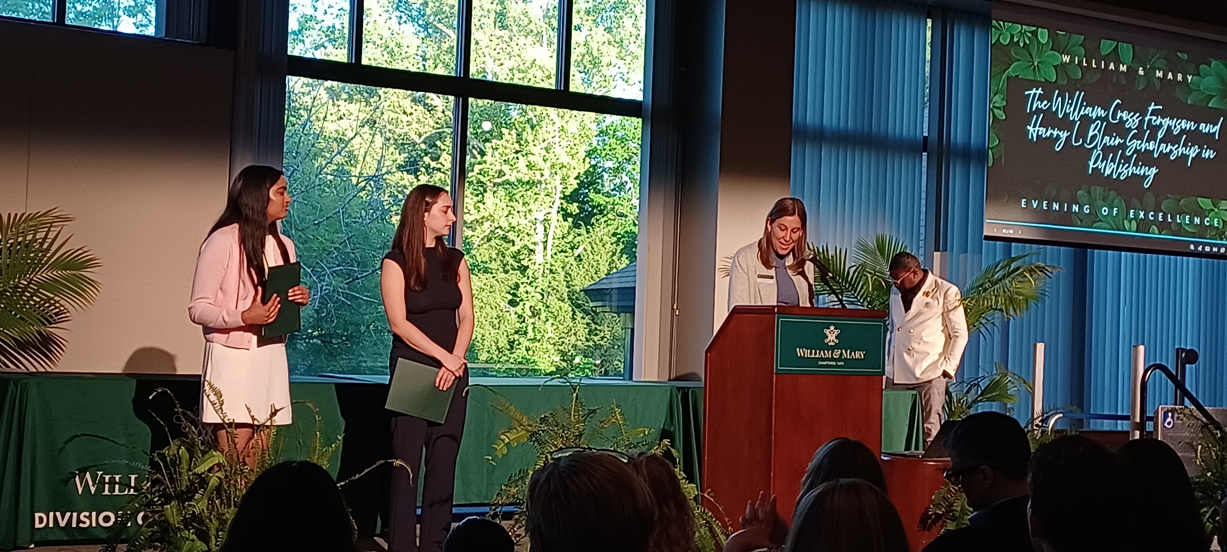 Veda Kalidindi and Annabel Phoel receive the William Cross Ferguson and Harry L. Blair Scholarship in Publishing during William & Mary's 2026 Evening of Excellence on April 28