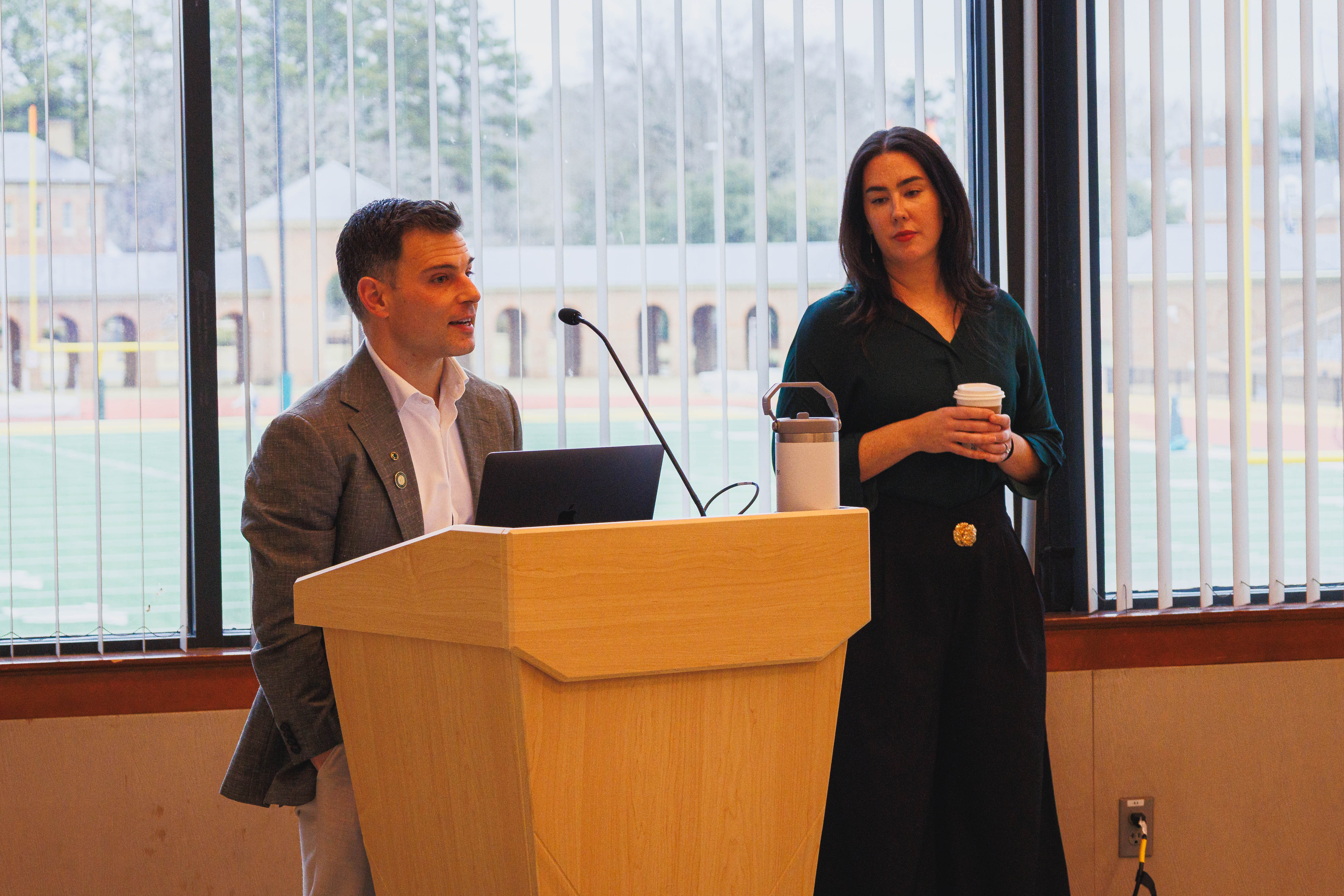 Dr. Chris Renjilian and Dr. Alison Nagel address faculty, staff and students during a campus day of learning exploring new approaches to student connection and belonging. Photo by Nate Boyle '27