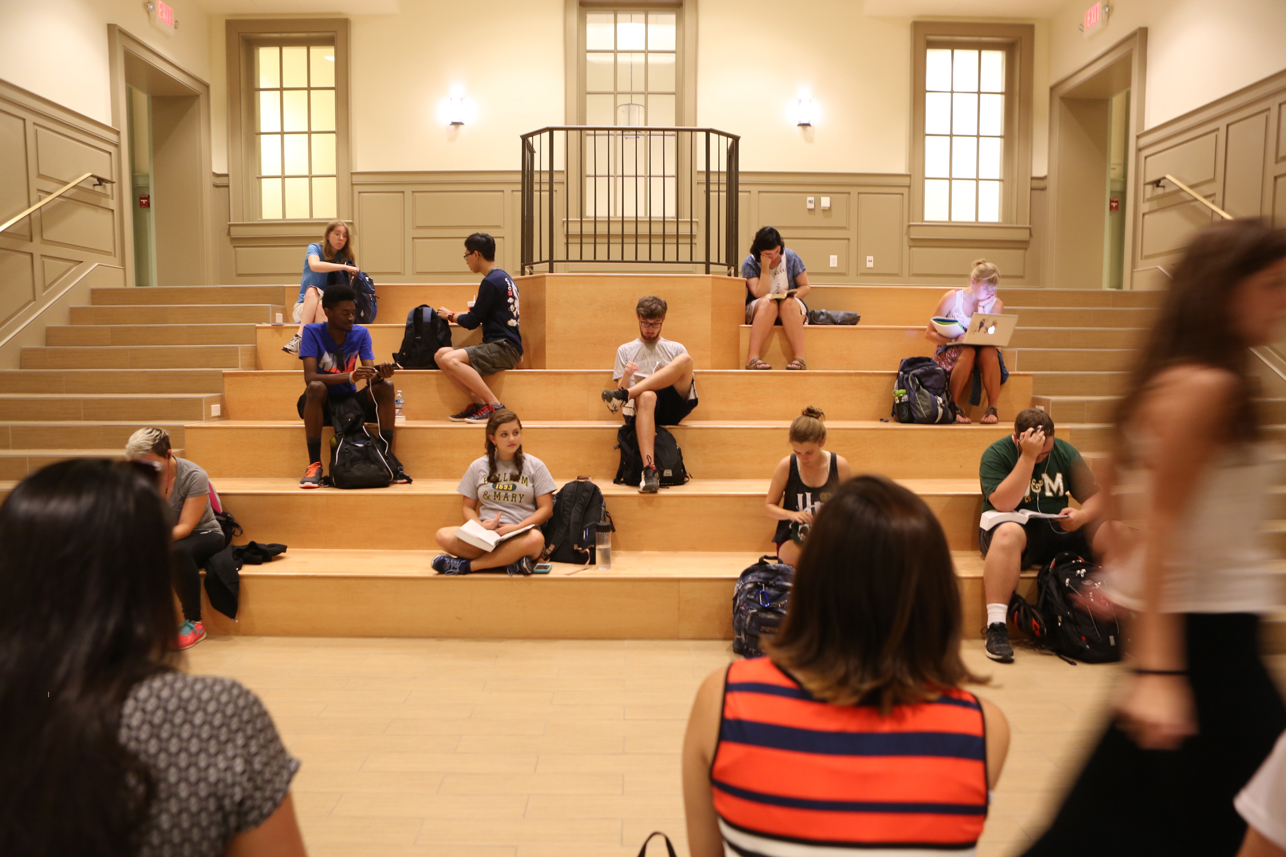 students studying on the steps in Tucker Hall