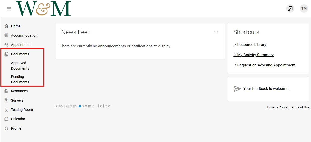 Documents tab in the Accommodate portal