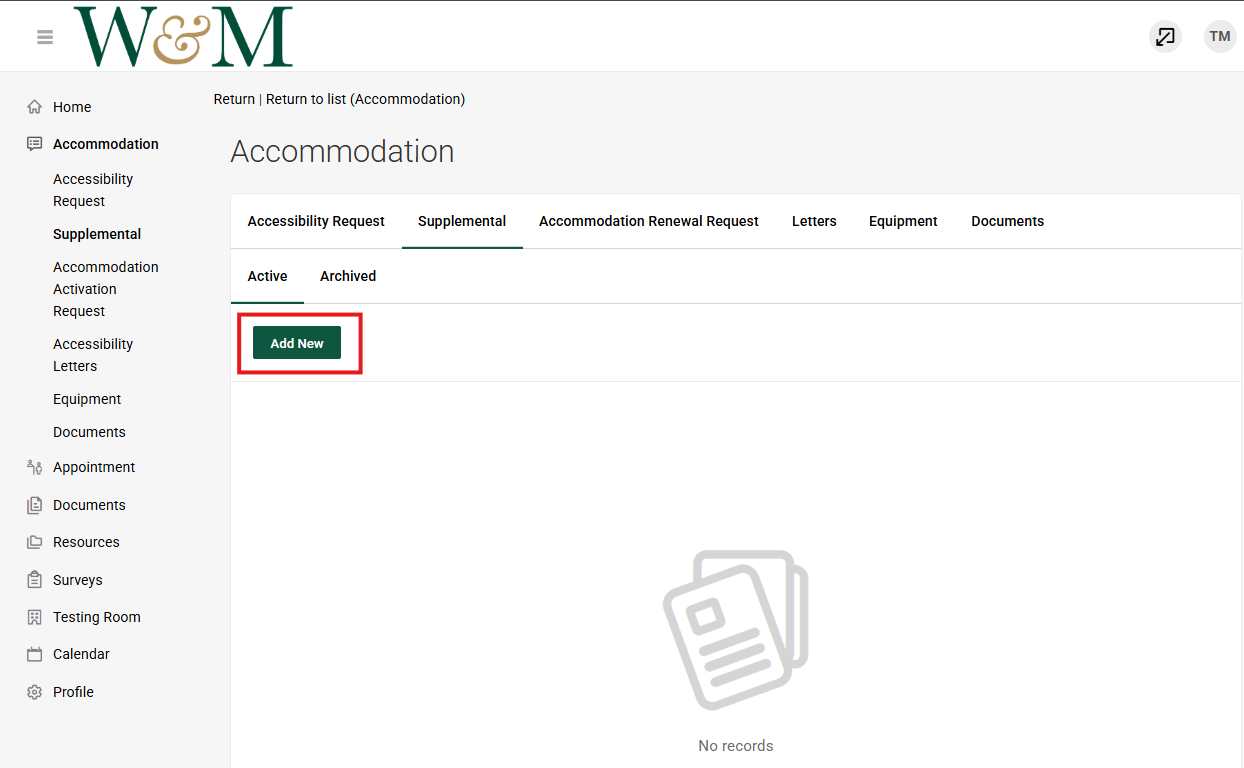Supplemental request tab in the Accommodate Portal