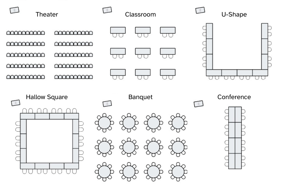 Icons depicting 6 different room layout options of tables and chairs.