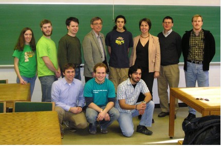 SCORS meets with Prof. Alan Compaan (University of Toledo), a thin film photovoltaics researcher, after his public lecture at W&M on the future of solar power generation. Clockwise, from top left: Charlotte Reeves '10, Patrick Steele '11, William Ames '09, Prof. Alan Compaan, Jeffrey Brown '09, Prof. Irina Novikova, Prof. Seth Aubin, Prof. Eugenyi Mikhailov, Justin Vazquez '10, Trevor Harrison '09, and Douglas Dean '09.