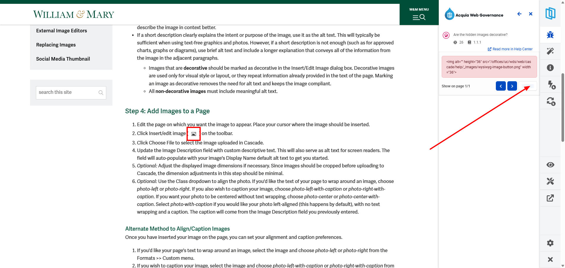 Screenshot 3: Select the Highlight (mag glass) icon to highlight the issue in a red outline on the page.