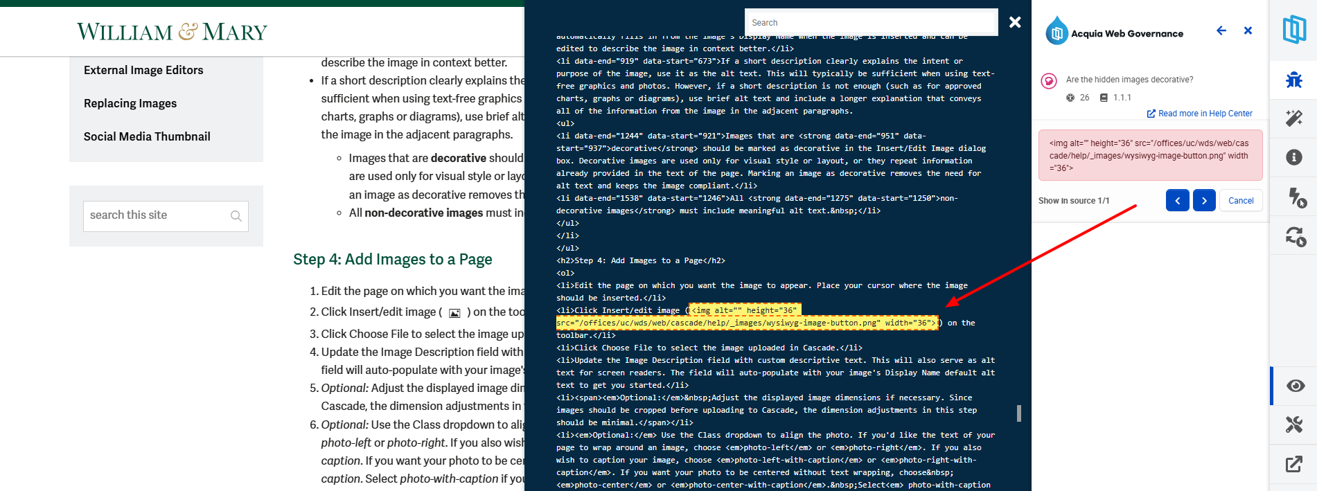 Screenshot 4: Select the HTML (< / >) icon to highlight the failed issue in the source code of the page.