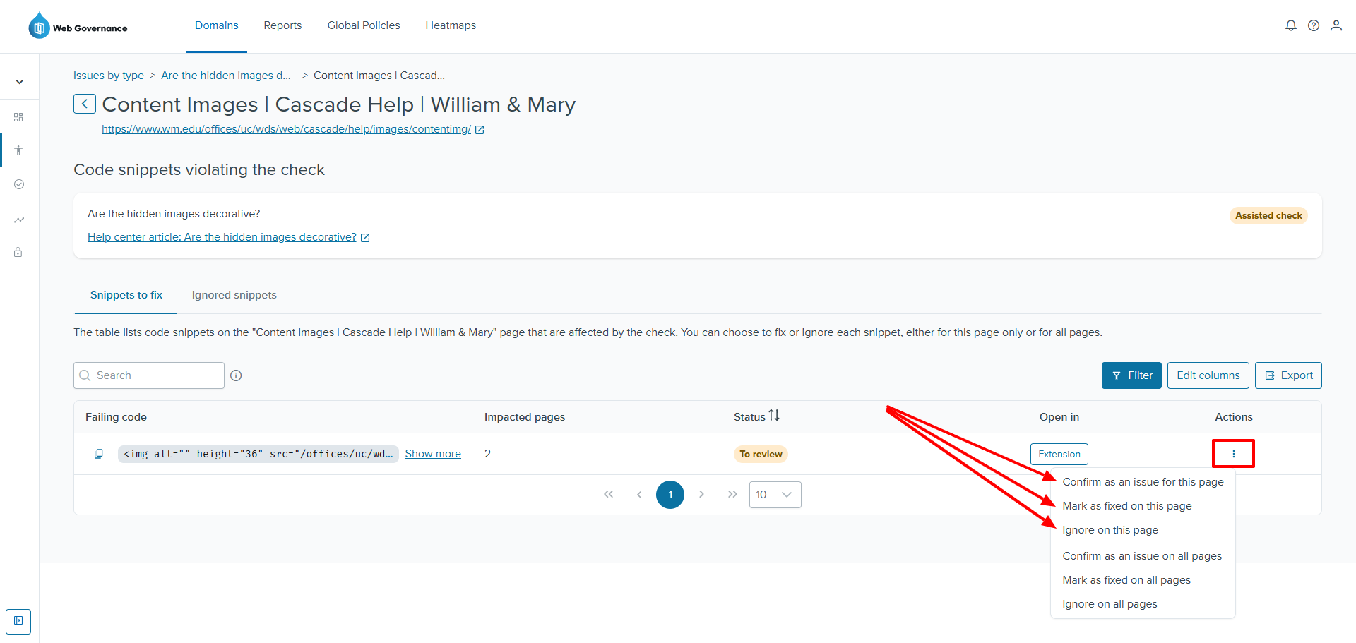 Screenshot 6: Select "Confirm as an issue for this page," "Mark as fixed on this page," or "Ignore on this page" by selecting the Actions kebab menu by each snippet.