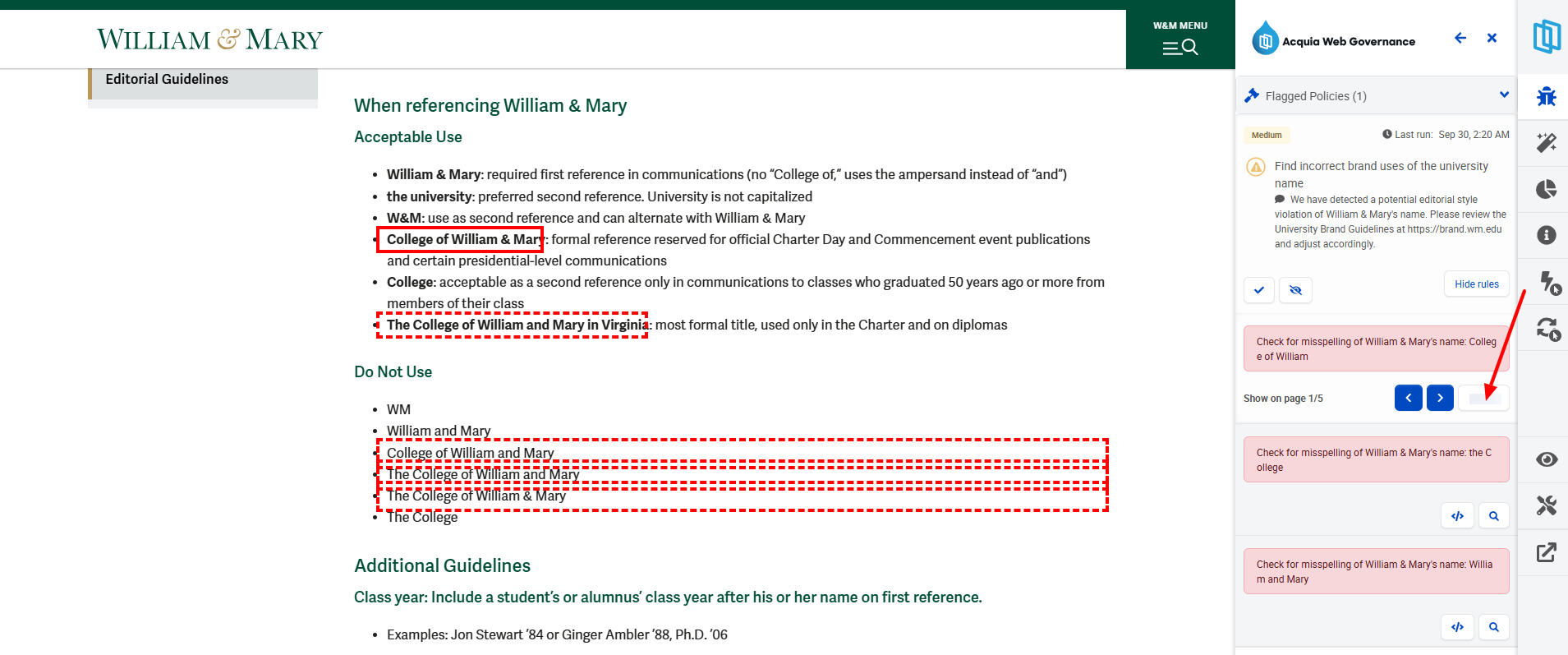 Screenshot 3: Select the magnifying glass button to highlight the flagged words on the page for that rule.
