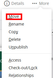 Dropdown menu with options including Move (highlighted), Rename, Copy, Delete, Unpublish, Access, Check-out/Lock, and Relationships.