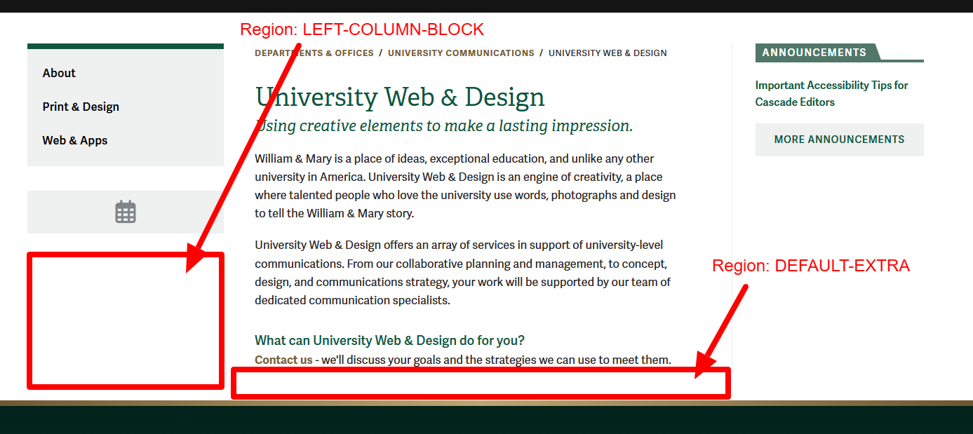 Page showing empty regions highlighted with arrows in the left column block and default extra area.