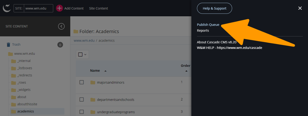 Screenshot showing the expanded Cascade System Menu and and the location of the Publish Queue menu option.