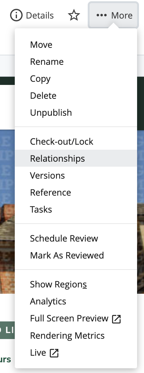 Dropdown menu opened from “More” showing options including Relationships, Move, Rename, Copy, Delete, Unpublish, Check-out/Lock, Relationships, Versions, Reference, Tasks, Schedule Review, Mark As Reviewed, Show Regions, Analytics and more